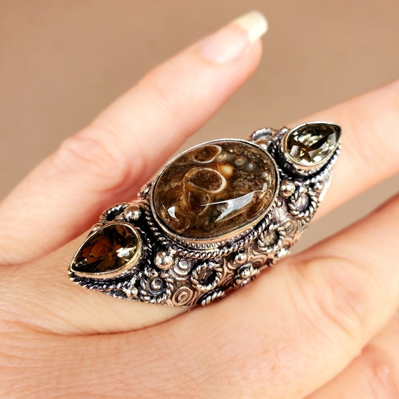 New Turtella Agate Fossil and Smoky Quartz 925 Silver Statement Ring. - Picture 4 of 16